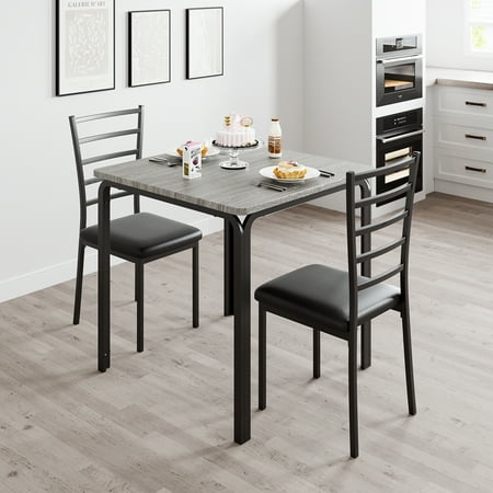 Homhougo Dining Table Set for 2 Kitchen Table and Chairs Square Wooden Tabletop Dining Room Table Set with 2 Upholstered Chairs 3 Piece Dining Table Set for Small Spaces Apartment Grey