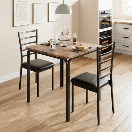 Homhougo Dining Table Set for 2 Kitchen Table and Chairs Square Wooden Tabletop Dining Room Table Set with 2 Upholstered Chairs 3 Piece Dining Table Set for Small Spaces Apartment Brown