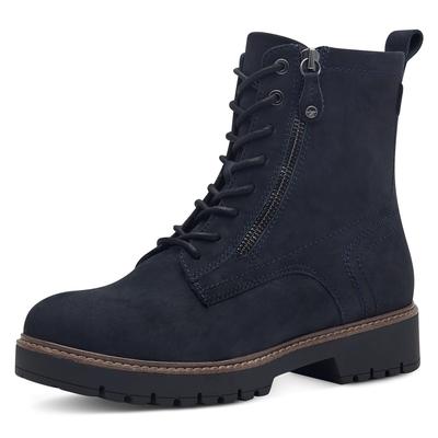 Schnürboots TAMARIS, Damen, Gr. 36, blau (navy), Nubukleder, modisch, Schuhe, Blockabsatz, Schnürstiefelette mit Zierrei