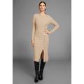 Strickkleid HECHTER PARIS, Damen, Gr. 36, N-Gr, beige (beige, melange), Rippstrick, Obermaterial: 50% Viskose, 28% Polyester, 22% Polyamid, gestreift, feminin, figurbetont wadenlang, Rundhals, Langarm, Kleider, mit Zierknopfleiste