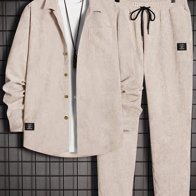 TEMU 2pcs Men' Corduroy Casual Outfits, Long Sleeve Button Up Lapel Shirt & Drawstring Pants, Autumn/ Fashion For Business And Daily