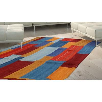 Teppich KAYOOM "Radical 335", rot (rot, multi), B:80cm H:15mm L:150cm, Wolle, Teppiche, Handgewebter Jacquard Kilim, hochwertige Materialmischung. Image