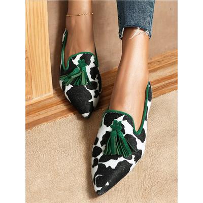 Women's Cow Print Tassel Loafers with Green Trim – Stylish Slip-On Dress Shoes for Casual and Formal Occasions