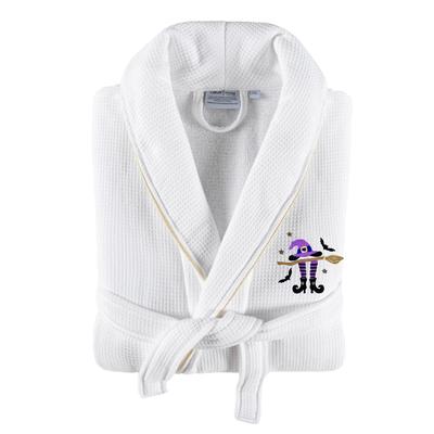Authentic Hotel and Spa 100% Turkish Cotton Unisex Waffle Terry Bath Robe with Satin Piped Trim and Hat Broom Legs Embroidery