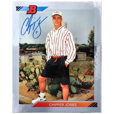 Chipper Jones Atlanta Braves signierte 2016 Bowman Chrome Base Jumbo 1992 Nachdruckkarte Image