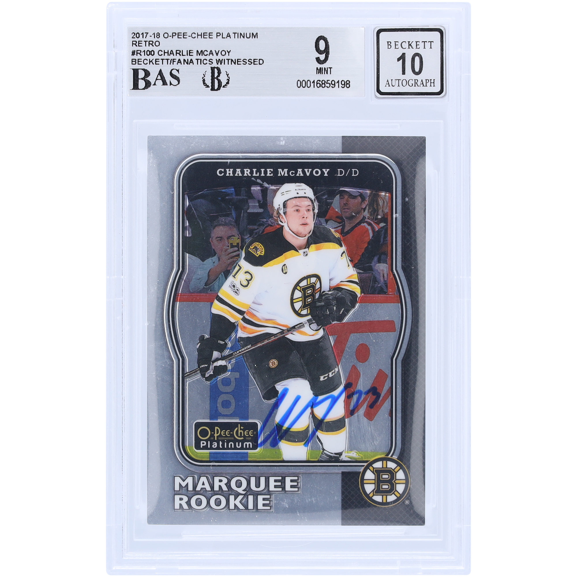 Charlie McAvoy Boston Bruins signierte 2017-18 Upper Deck O-Pee-Chee Platinum Retro #R-100 Beckett Fanatics bezeugte authentifizierte 9/10 Rookie-Karte Image
