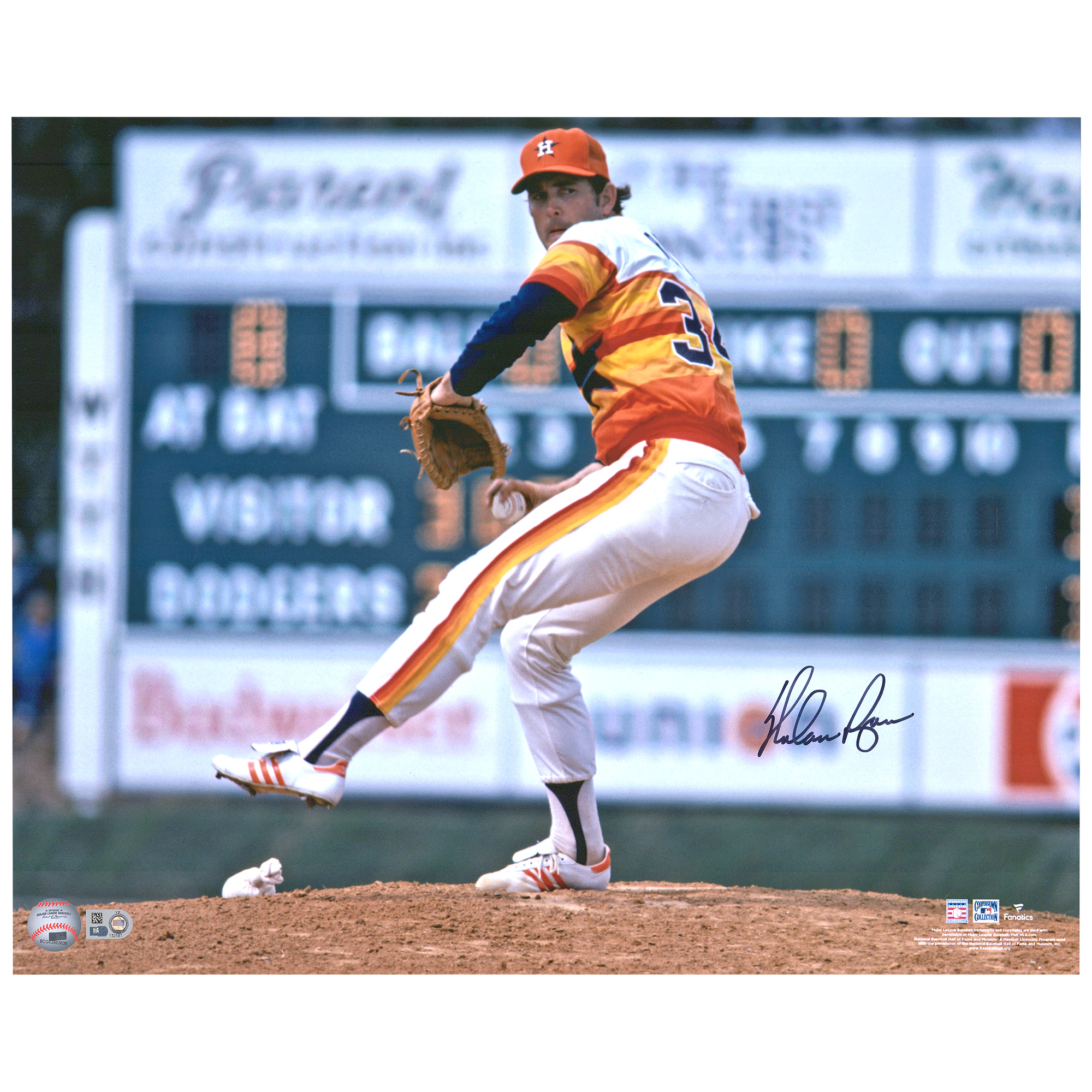 Signierter Pitcher von Nolan Ryan, Houston Astros, 16 x 20 Zoll, im Regenbogentrikot Image