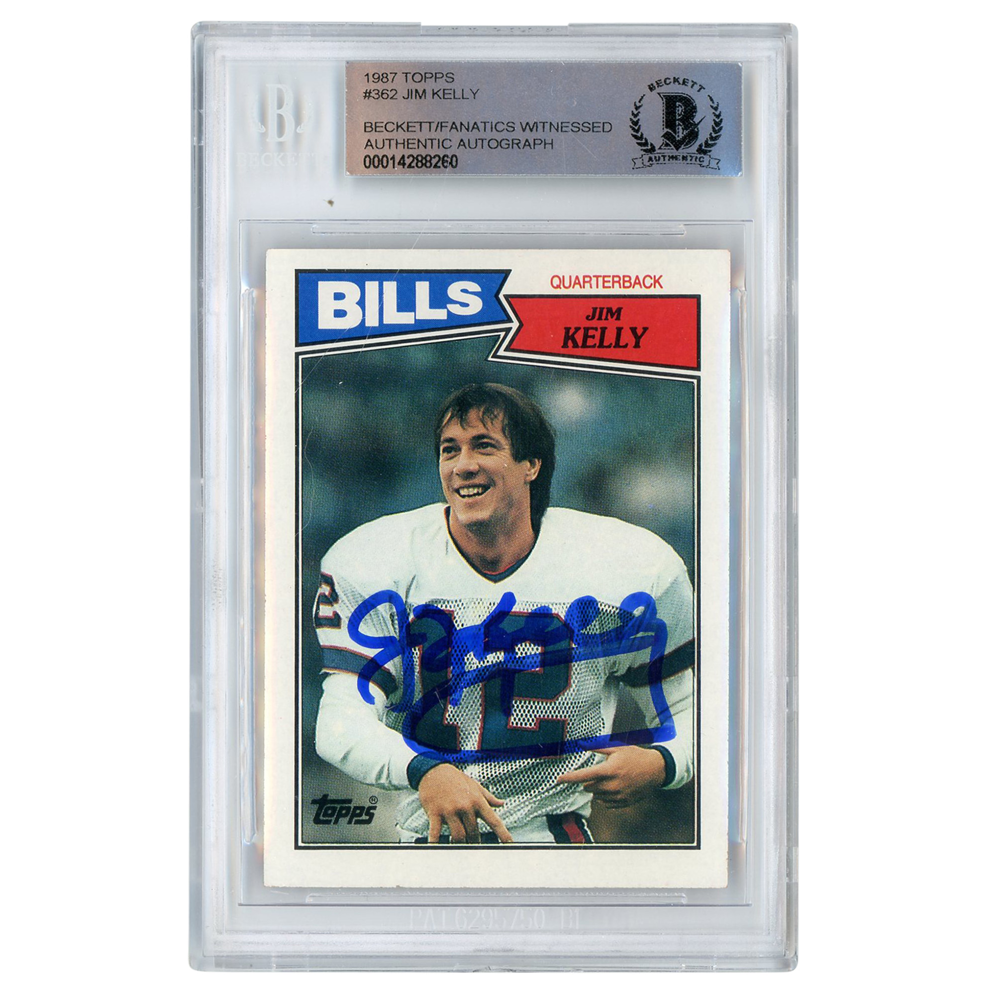 Jim Kelly Buffalo Bills signierte 1987 Topps #362 Beckett Fanatics bezeugte authentifizierte Rookie-Karte Image