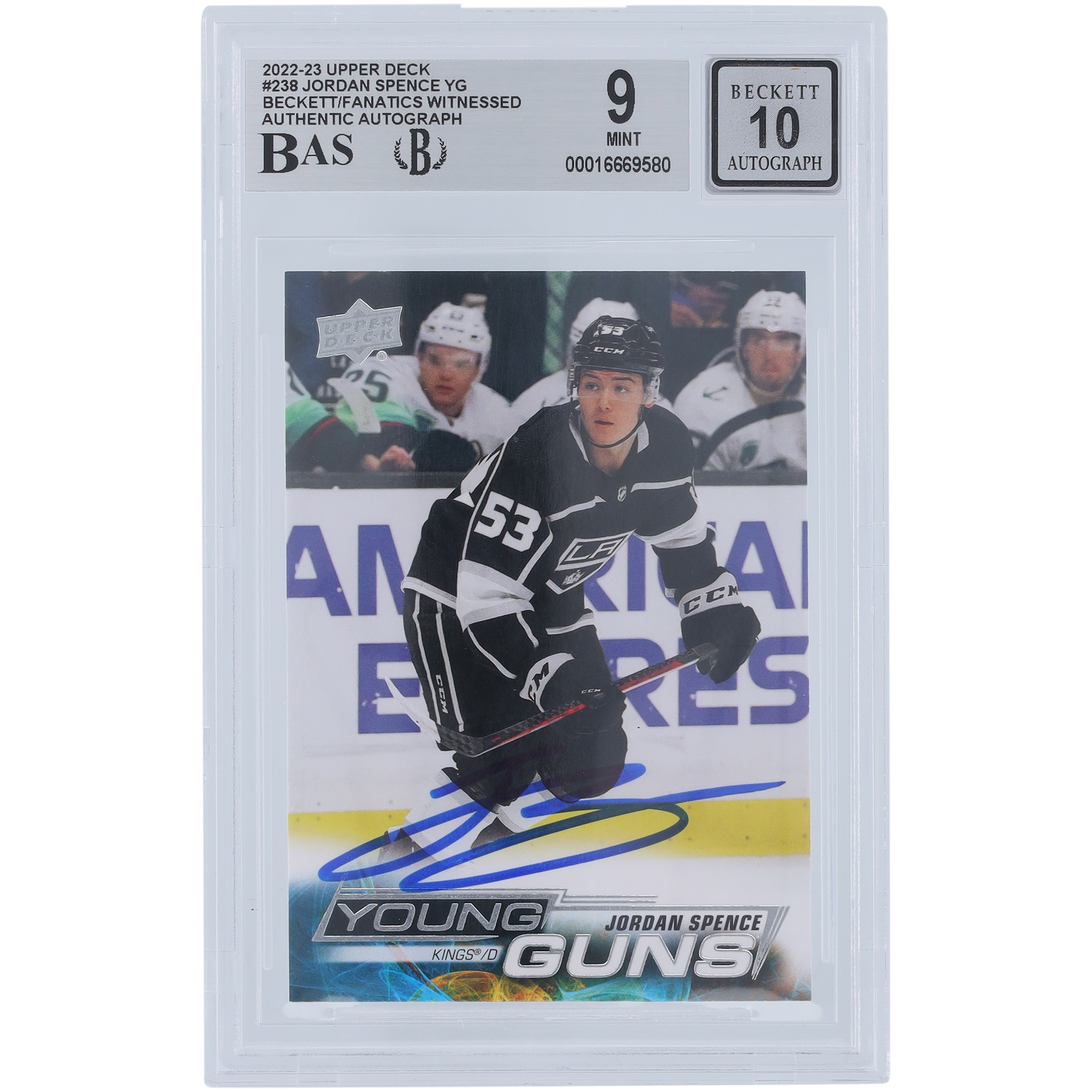 Jordan Spence, Los Angeles Kings, signierte 2022–23 Upper Deck Series 1, Youngs Guns #238, Beckett Fanatics, bezeugte authentifizierte 9/10 Rookie-Karte Image