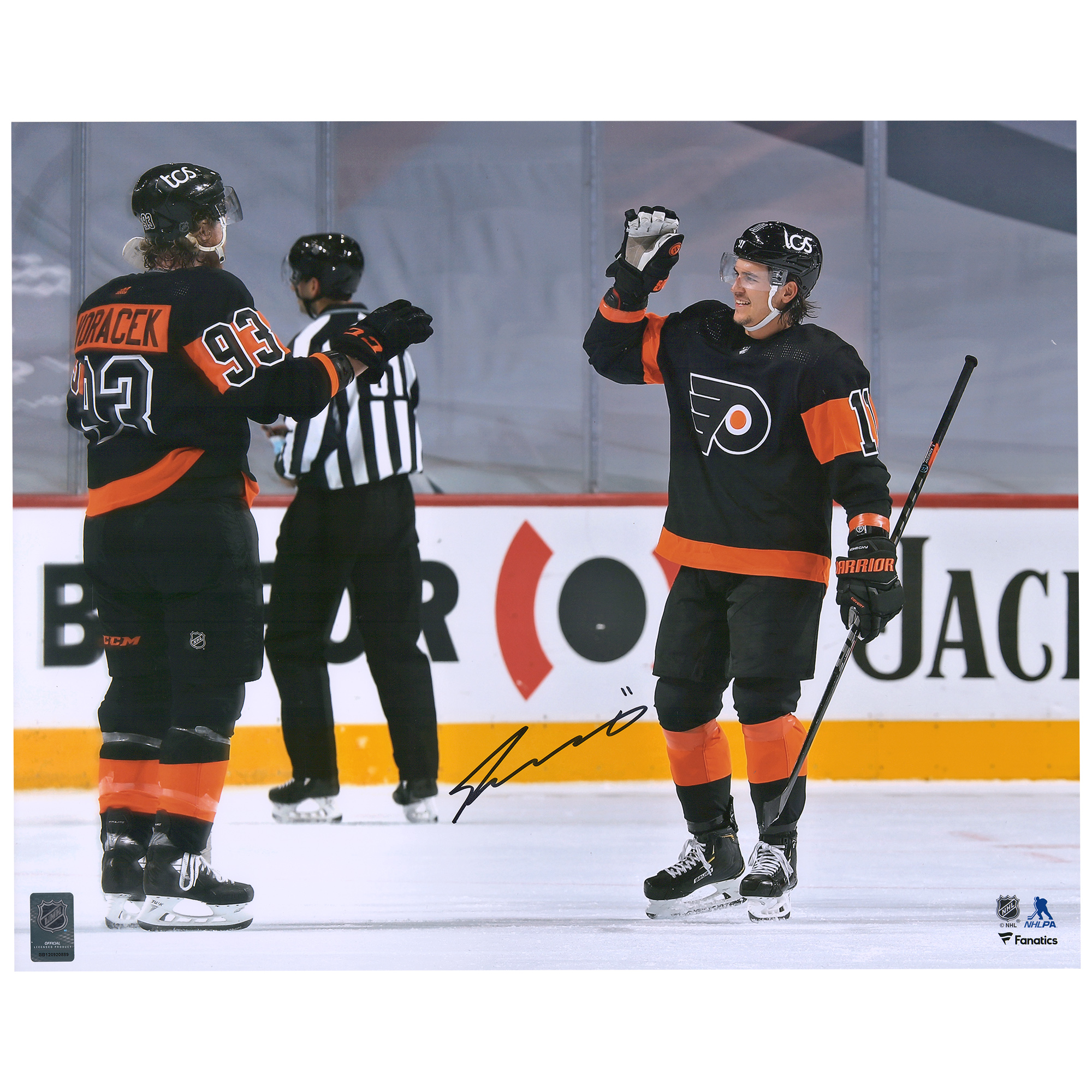 Von Travis Konecny signiertes Foto der Philadelphia Flyers zur Feier des 1. NHL-Hattricks (16 x 20 Zoll) Image