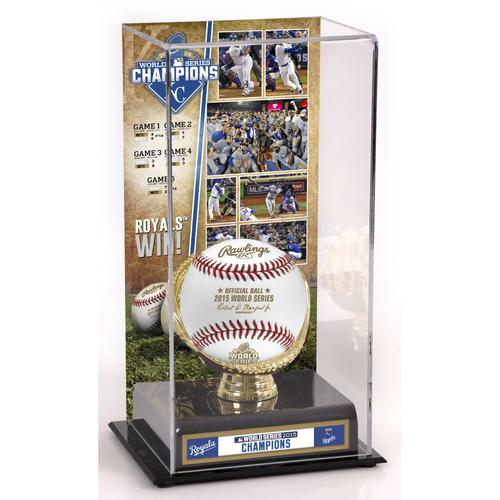 Gold-Vitrine mit Bild der Kansas City Royals-Champions-Handschuhe der MLB World Series 2015