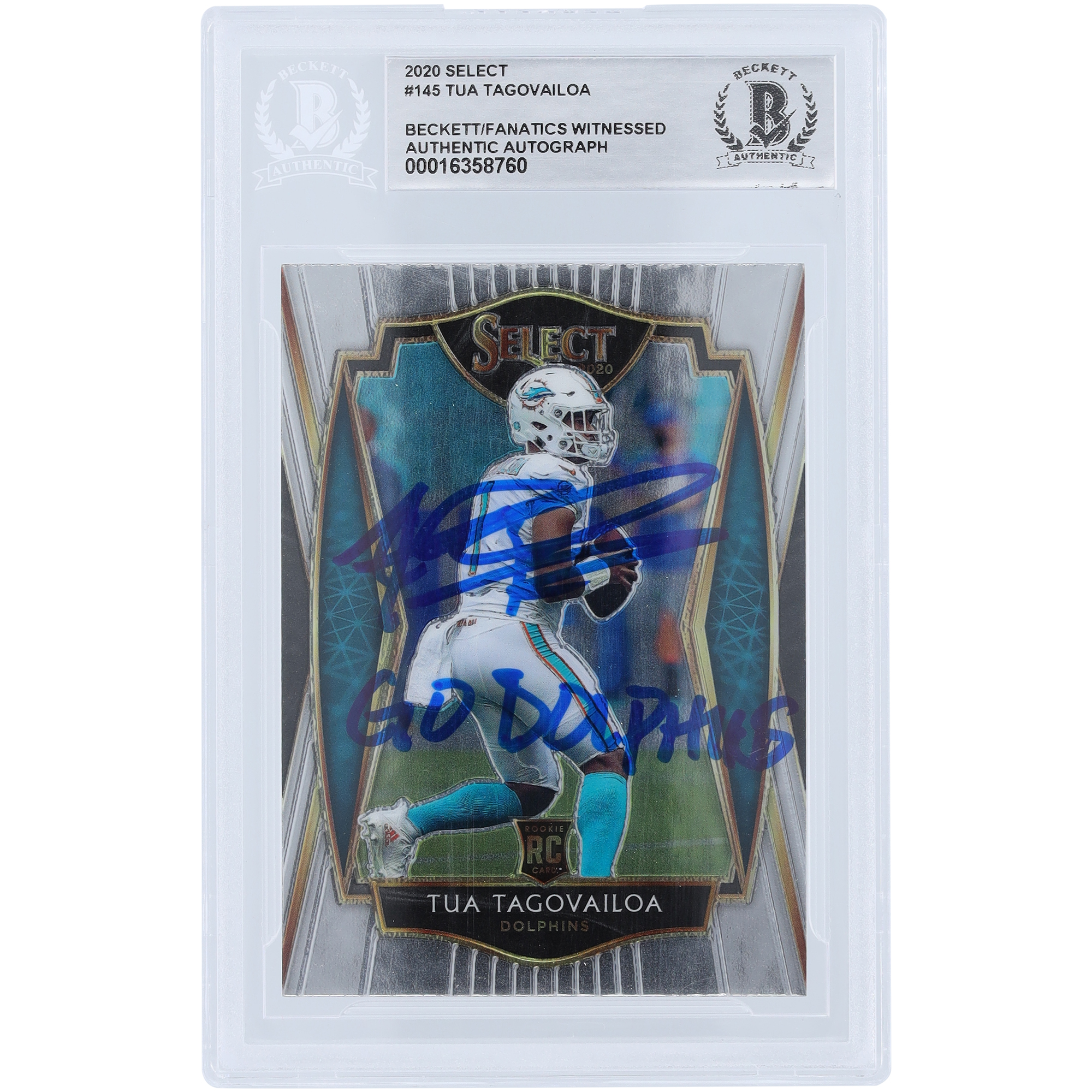 Tua Tagovailoa Miami Dolphins signierte 2020 Panini Select Premier Level #145 Beckett Fanatics bezeugte authentifizierte Rookie-Karte mit "GO DOLPHINS"-Aufschrift Image