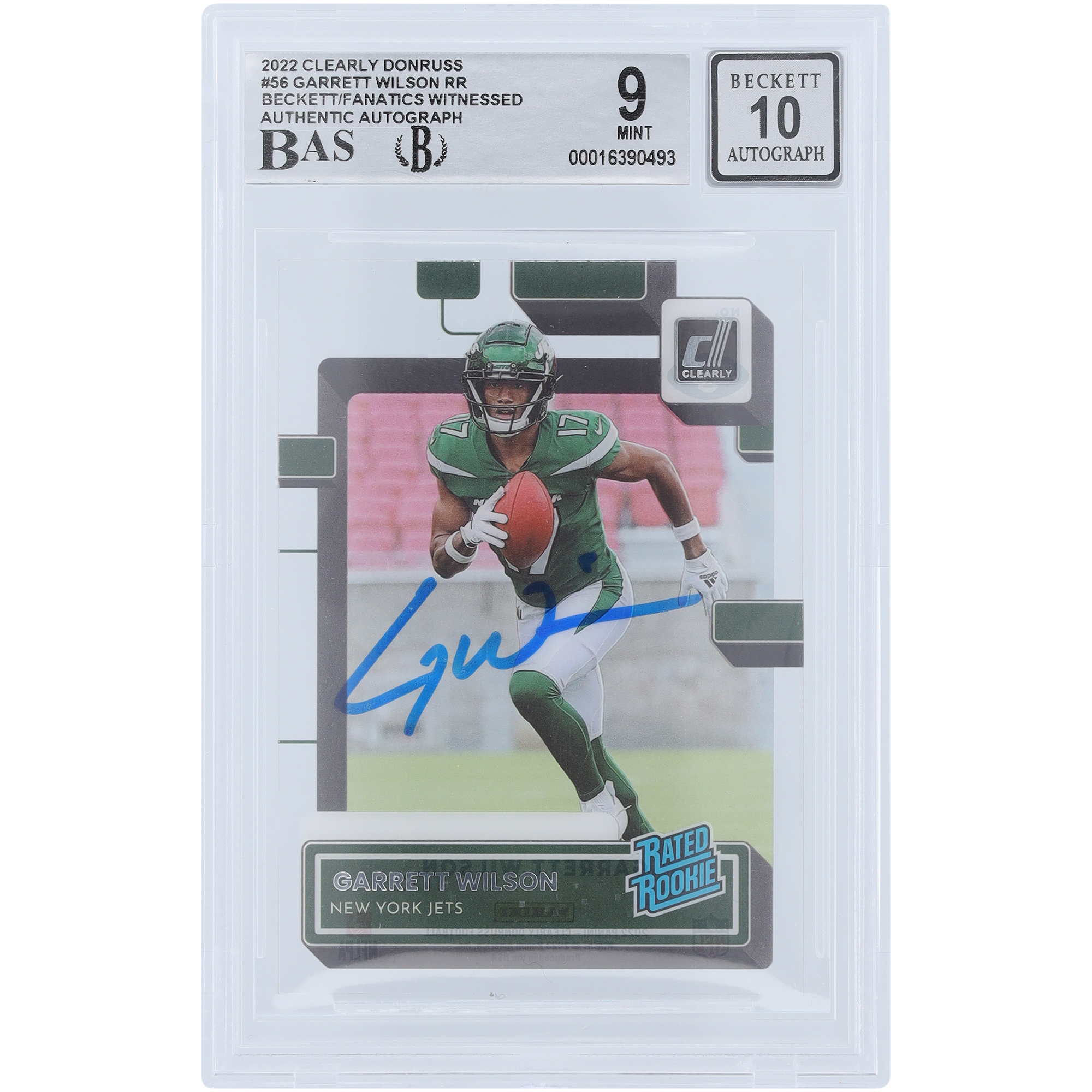 Garrett Wilson New York Jets signierte 2022 Panini eindeutig Donruss bewertet Rookie #56 Beckett Fanatics Zeuge authentifizierte 9/10 Rookie Karte Image