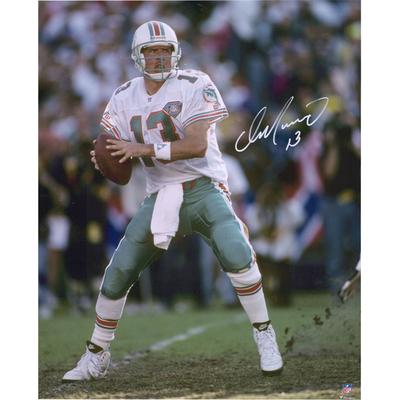 Autogrammfoto von Dan Marino, Miami Dolphins, 16 x 20 Zoll, vertikales Passing-Action-Foto Image