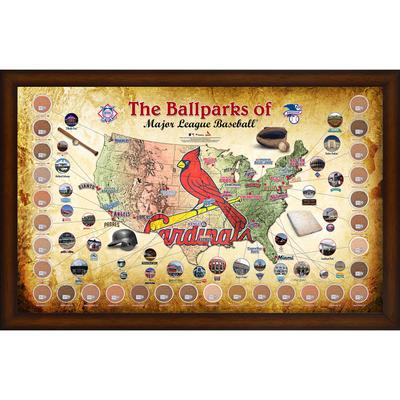 Gerahmte MLB Parks-Kartencollage der St. Louis Cardinals, 20 x 32 Zoll, mit beim Spiel verwendetem Schmutz aus allen 30 Stadien Image
