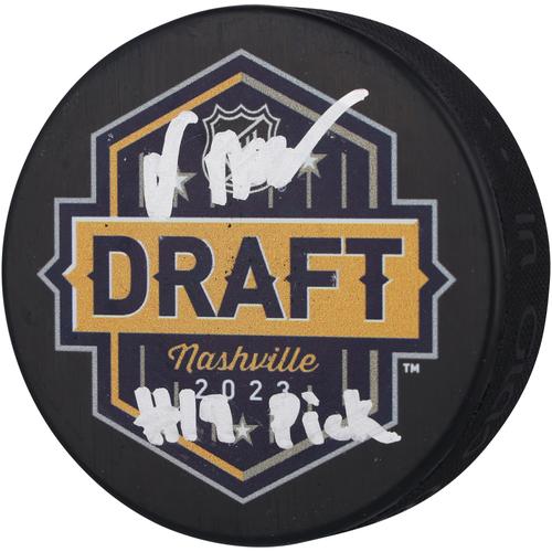 Oliver Moore Chicago Blackhawks signierter Hockeypuck mit Logo des Draft 2023 und Aufschrift „#19 Pick“