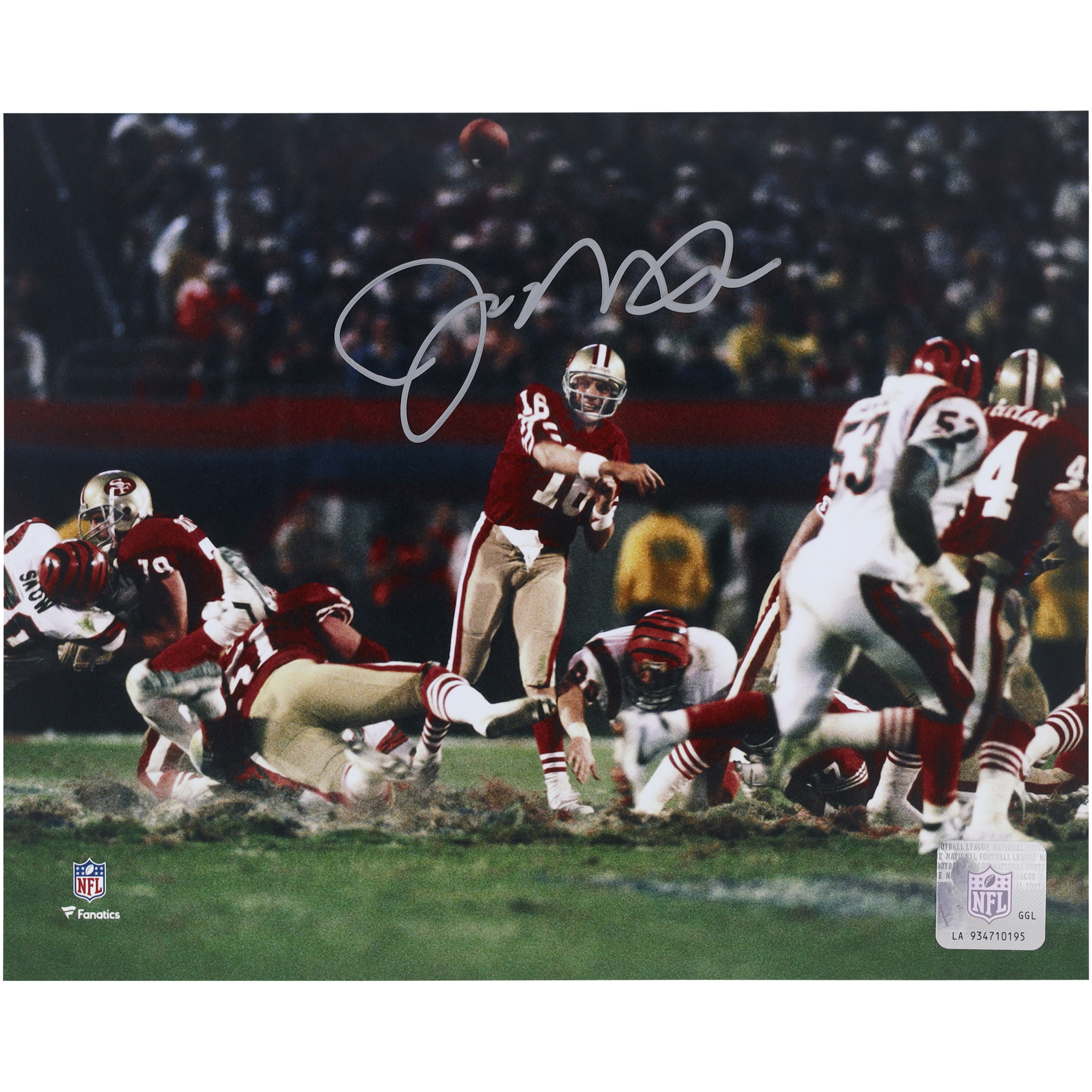 Joe Montana, San Francisco 49ers, signiertes 8 x 10 Zoll großes Foto beim Werfen gegen die Bengals Image