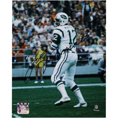 Joe Namath, New York Jets, signiertes 8 x 10 Zoll großes weißes Trikot in Taschenfoto Image