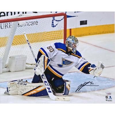 Jordan Binnington, St. Louis Blues, signiertes 16 x 20 Zoll großes Handschuhfoto Image