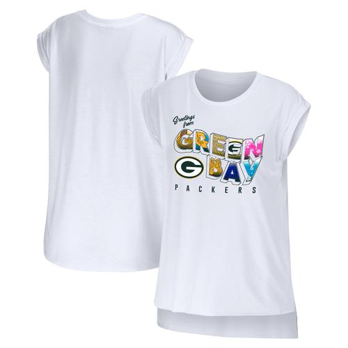 Damenbekleidung von Erin Andrews Weißes Green Bay Packers Greetings From Muscle T-Shirt