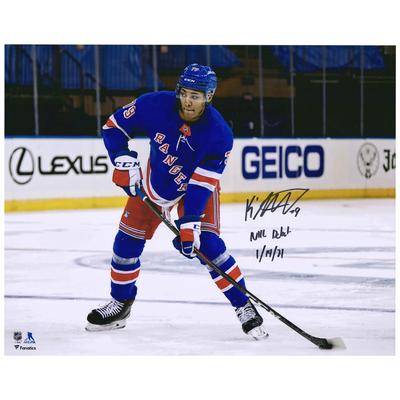 Von K'Andre Miller signiertes 16 x 20 Zoll großes NHL-Debüt-Skating-Foto der New York Rangers mit der Aufschrift „NHL Debut 1/14/21“ Image
