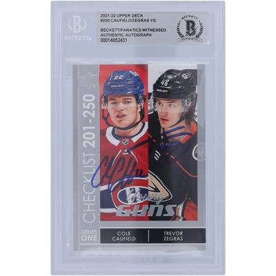 Cole Caufield Montreal Canadiens und Trevor Zegras Anaheim Ducks signierte 2021-22 Upper Deck Young Guns Checkliste Silber #250 Beckett Fanatics bezeugte authentifizierte Rookie-Karte Image