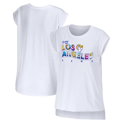 Damenbekleidung von Erin Andrews, weißes „Los Angeles Rams Greetings From Muscle“-T-Shirt Image