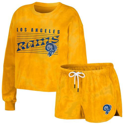 Damenmode von Erin Andrews Gold Los Angeles Rams Tie-Dye Cropped Pullover Sweatshirt & Shorts Lounge Set