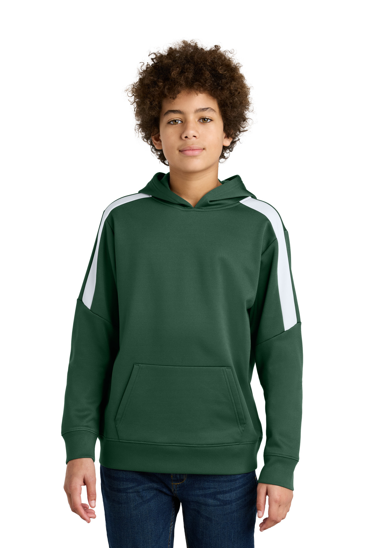 Sport-Tek YST255 Youth Sport-Wick Fleece United Pullover Hoodie in Forest Green/White size Medium | Polyester