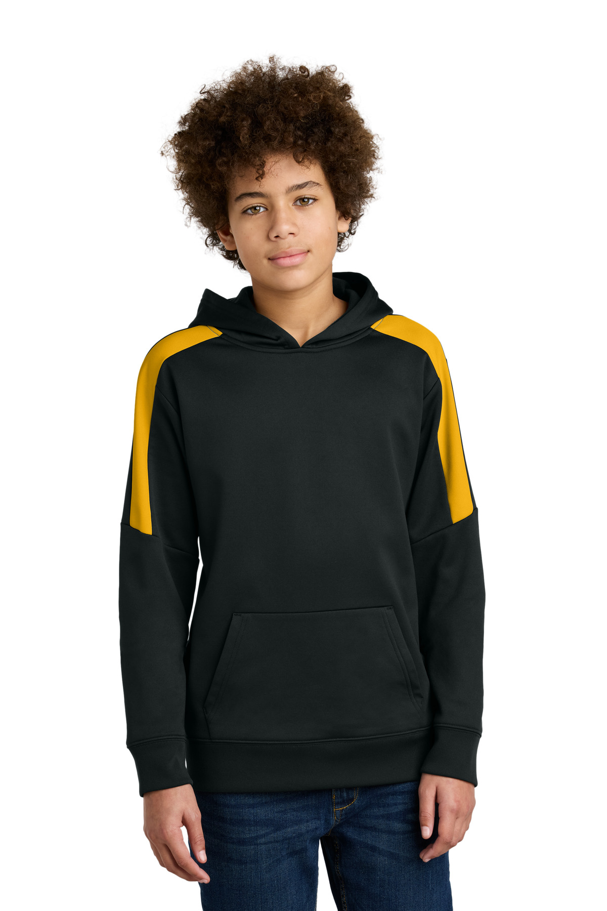 Sport-Tek YST255 Youth Sport-Wick Fleece United Pullover Hoodie in Black/Gold size Large | Polyester