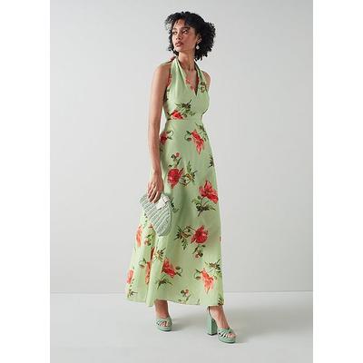 Kristen Pistachio Poppy Print Cotton-Silk Backless Dress, Green