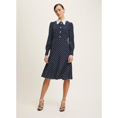 Mathilde Navy & Cream Polka Dot Silk Tea Dress, Navy Blue