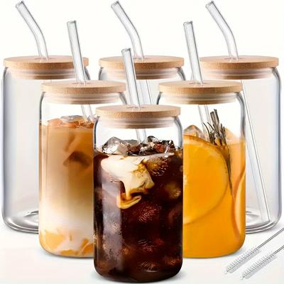 TEMU 6pcs Glass Drinkware, 16oz Coffee Glasses With Lid And Straw, Mason Jar Mugs, Iced Coffee Mugs, Glasses With Bamboo , Cute Mugs, Reusable, Holiday Gifts, Gifts, Bbq Drinking Mugs