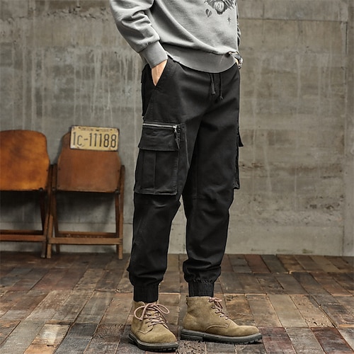 Herren Cargohose Cargohosen Hose Hosen Kordelzug Elastische Taille Multi Pocket Glatt tragbar Outdoor Täglich Campen und Wandern Modisch Klassisch Schwarz Gelb Image