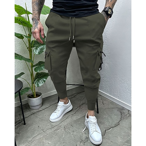 Herren Cargohose Cargohosen Karottenhose Hose Hosen Kordelzug Elastische Taille Multi Pocket Glatt tragbar Outdoor Täglich Campen und Wandern Modisch Klassisch Schwarz Armeegrün Image