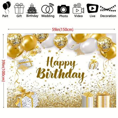 TEMU 1pc, Gold White Birthday Party Decorations Banner, Gold And White Happy Birthday Backdrop Large Gold White Birthday Photography Background Party Decoration For Women Men