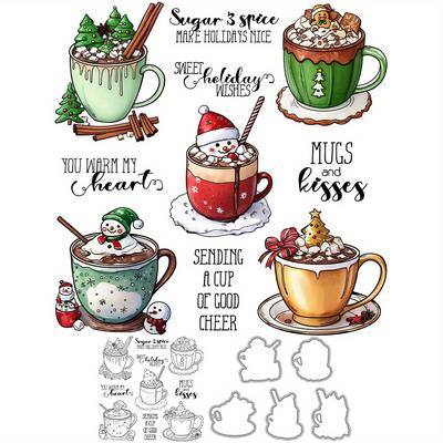 TEMU Christmas Series Coffee Mugs Cutting Dies Clear Stamp Set Diy Scrapbooking Supplies Knife Mold Metal Dies Silicone Stamp For Cards Albums Crafts Decor