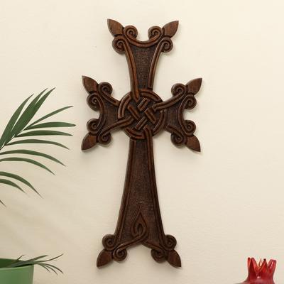 'Artisan Hand-Carved Dark Brown Beech Wood Cross (Large)'