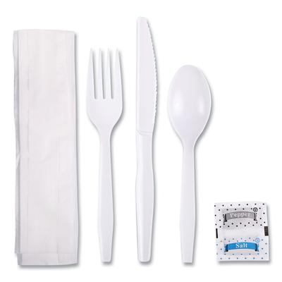 Boardwalk FKTNSMWPSWH Six-Piece Cutlery Kit, Condiment/Fork/Knife/Napkin/Teaspoon, White, 250/Carton - Case of 250