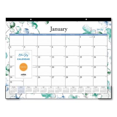 Blue Sky 100018 Lindley Desk Pad, Floral Artwork, 22 x 17, White/Blue/Green Sheets, Black Binding, Clear Corners, 12-Month (Jan-Dec): 2024