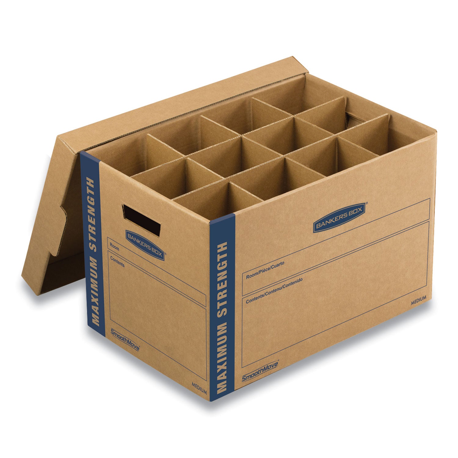 Fellowes 7710302 SmoothMove Kitchen Moving Kit with Dividers + Foam, Half Slotted Container (HSC), Medium, 12.25" x 18.5" x 12", Brown/Blue FEL7710302