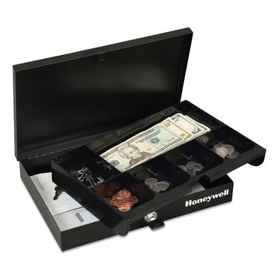 Honeywell 6212 Low Profile Cash Box,1 Bill, 5 Coin Slots, Key Lock, 11.6 x 8 x 1.9, Steel, Black HWL6212