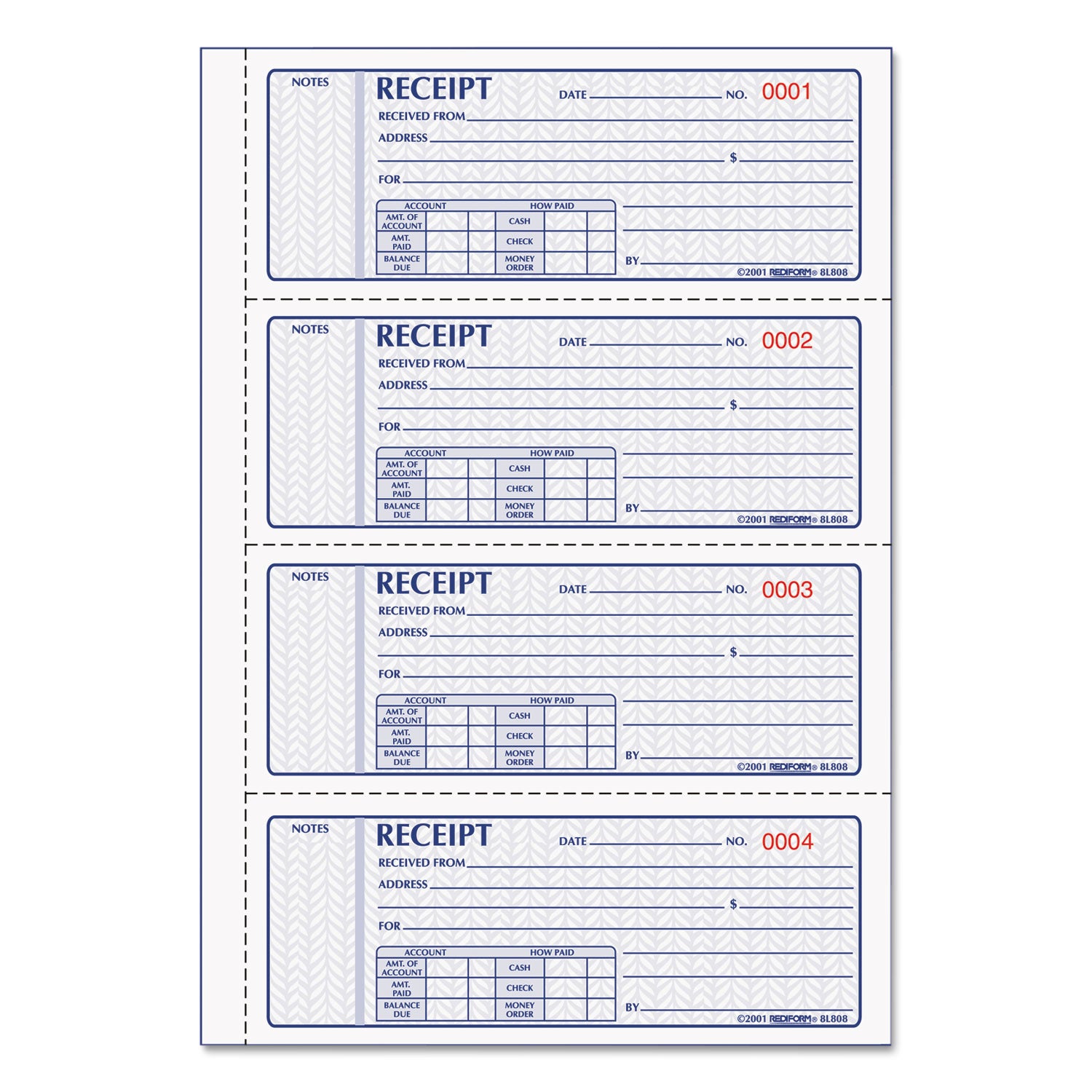Rediform 8L808R Money Receipt Book, FormGuard Cover, Three-Part Carbonless, 7 x 2.75, 4 Forms/Sheet, 100 Forms Total RED8L808R