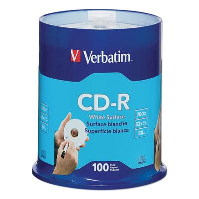 Verbatim 94712 CD-R Discs, 700MB/80min, 52x, Spindle, White, 100/Pack - Pack of 100