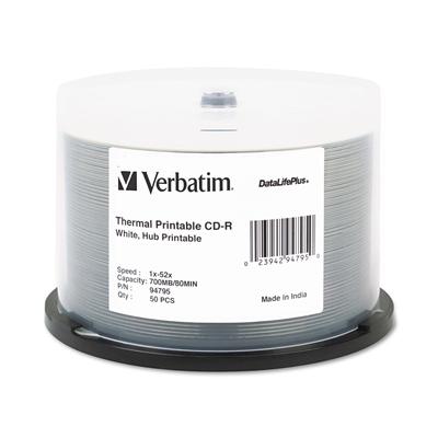Verbatim 94795 Printable CD-R Discs, 700MB/80min, 52x, Spindle, White, 50/Pack - Pack of 50