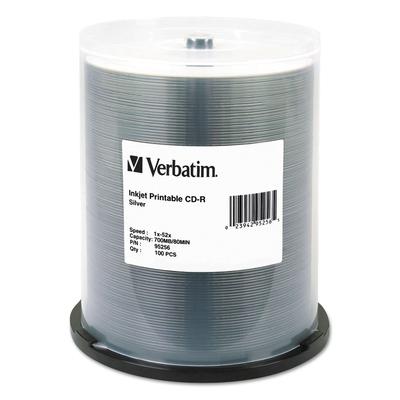 Verbatim 95256 CD-R, 700MB, 52X, Silver Inkjet Printable, 100/PK Spindle