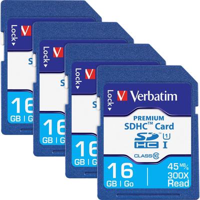 Verbatim 96808BX SDHC Cards, 6 Hours, Speed Class 10, 16GB, 4/BX - Box of 4