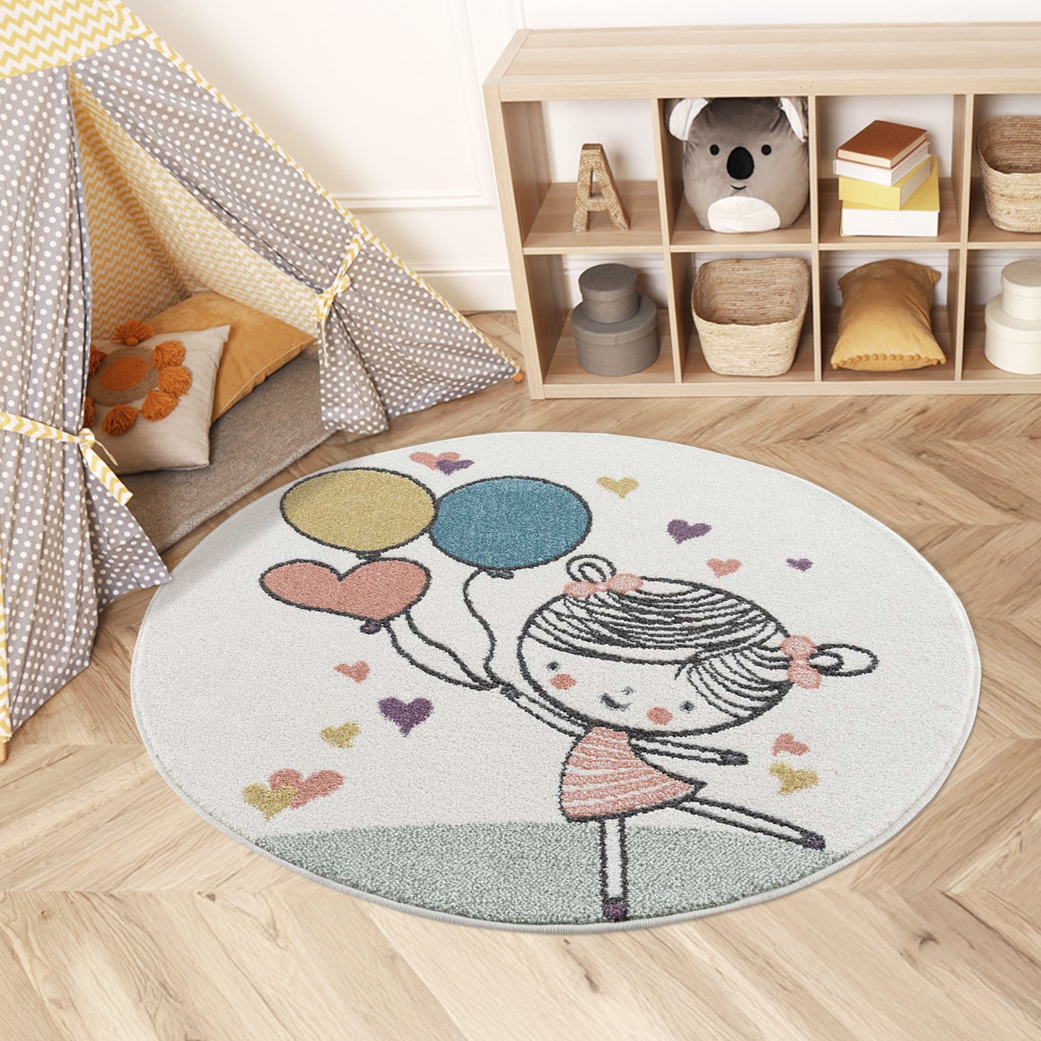 Kinderteppich CARPET CITY "Anime9393", beige (creme), H:11mm Ø:120cm, Polypropylen (PP), Teppiche, Spielteppich, Spielteppich, Mädchen, Herzen, Ballon, Weicher Flor, Pflegeleicht