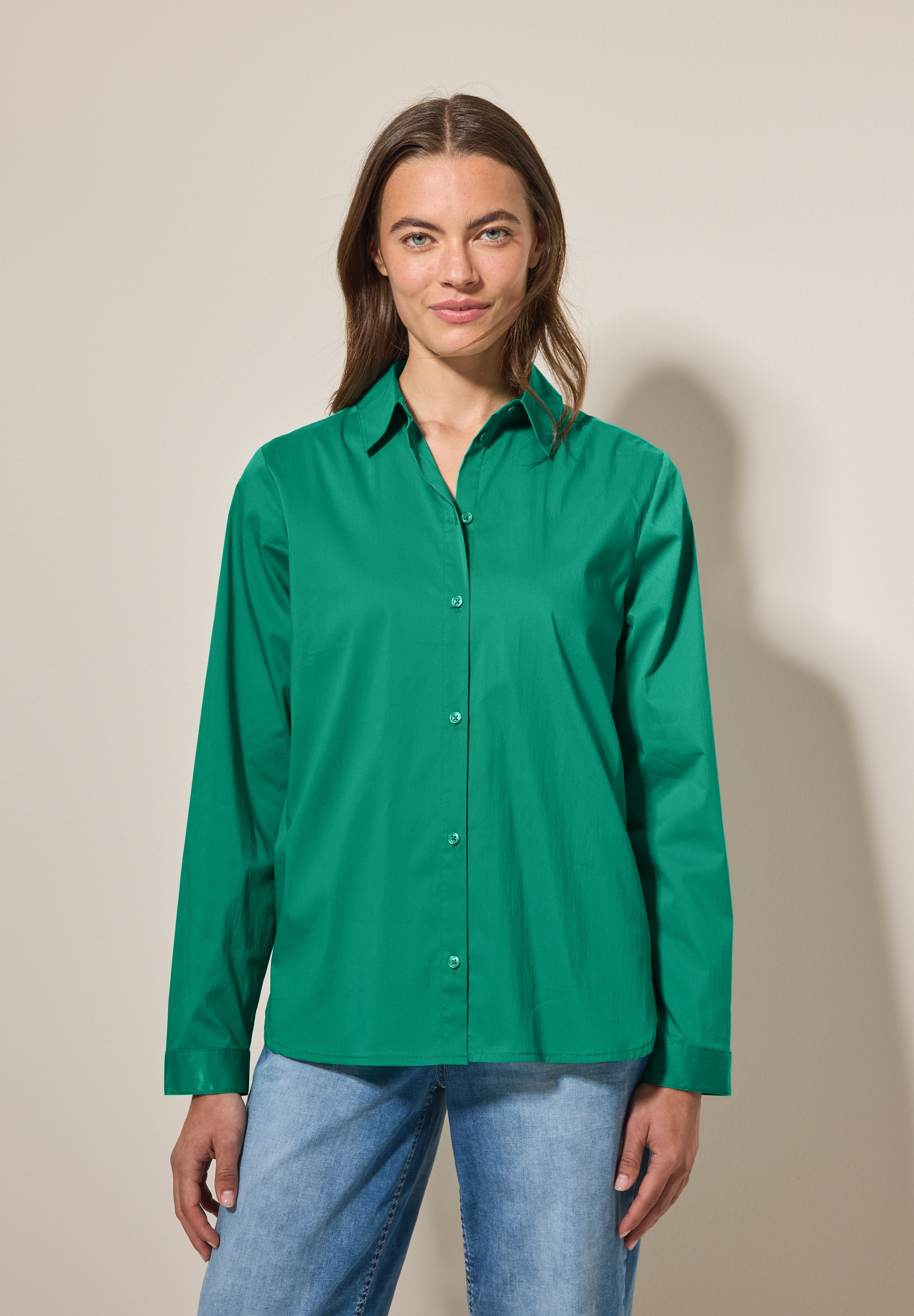 Hemdbluse CECIL, Damen, Gr. M (40), grün (malachite grün), Web, 72% Baumwolle, 25% Polyamid, 3% Elasthan, unifarben, gerade normal, V-Ausschnitt, Bündchen, Blusen Hemdbluse, im soften Baumwoll-Mix