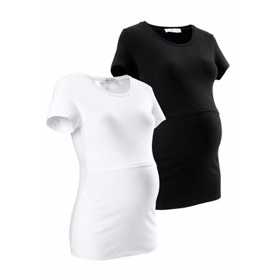 Umstandsshirt NEUN MONATE "2er Pack T-Shirts für Schwangerschaft und Stillzeit", Damen, Gr. 36/38, schwarz (schwarz, weiß), Jersey, Obermaterial: 95% Baumwolle, 5% Elasthan, unifarben, Basic, figurbetont hüftlang, Rundhals, Kurzarm abgesteppte...